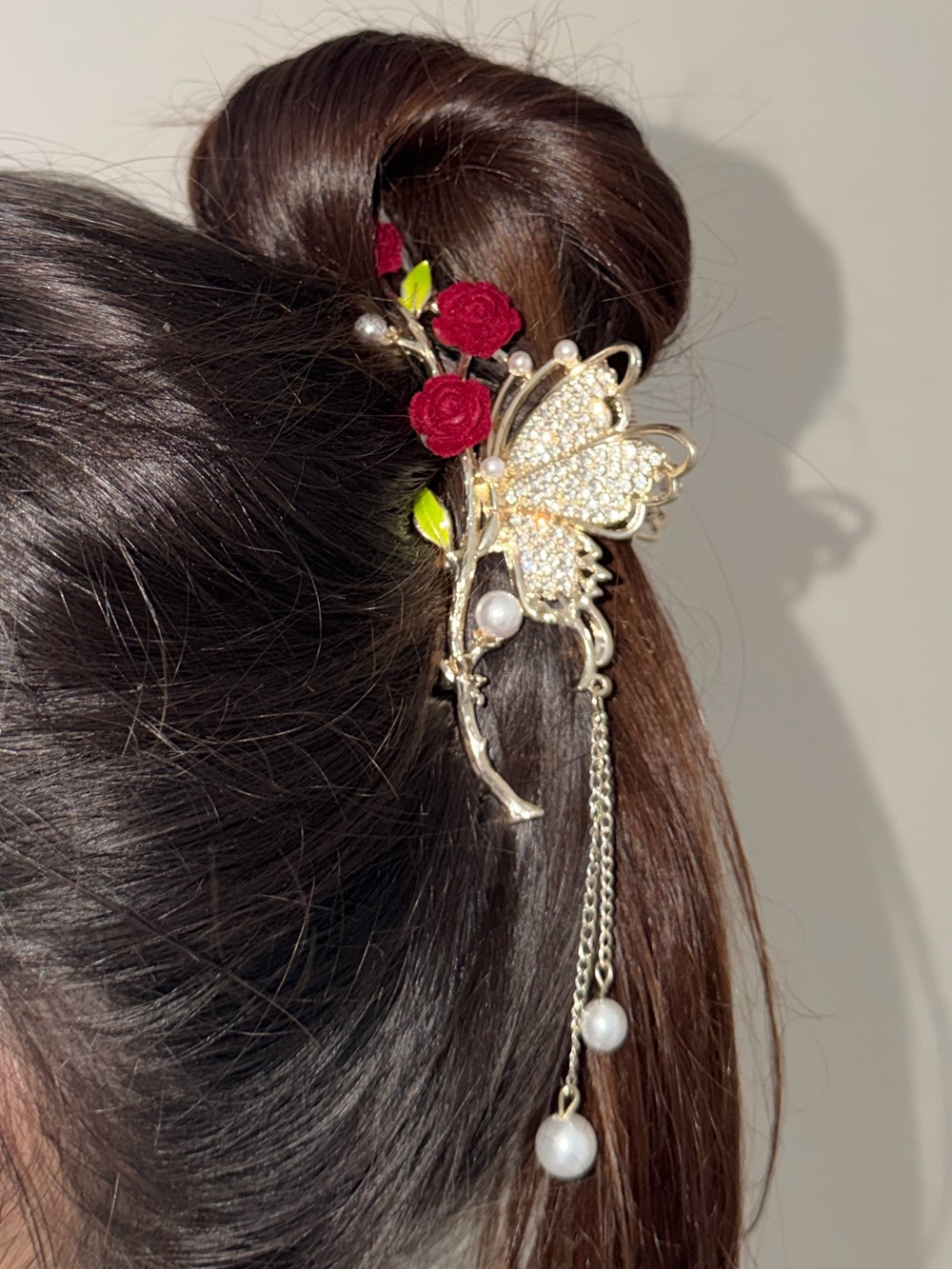 Gold Butterfly Hair Pin with Red Rose Accents